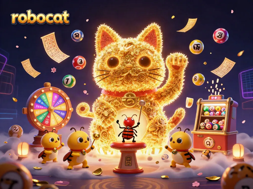 Experience the thrill of robocat and casino symbols in this vibrant 3D digital illustration.