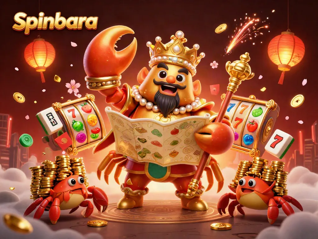 Spinbara casino illustration showcasing a golden crab emperor amidst spinning slots and festive elements.
