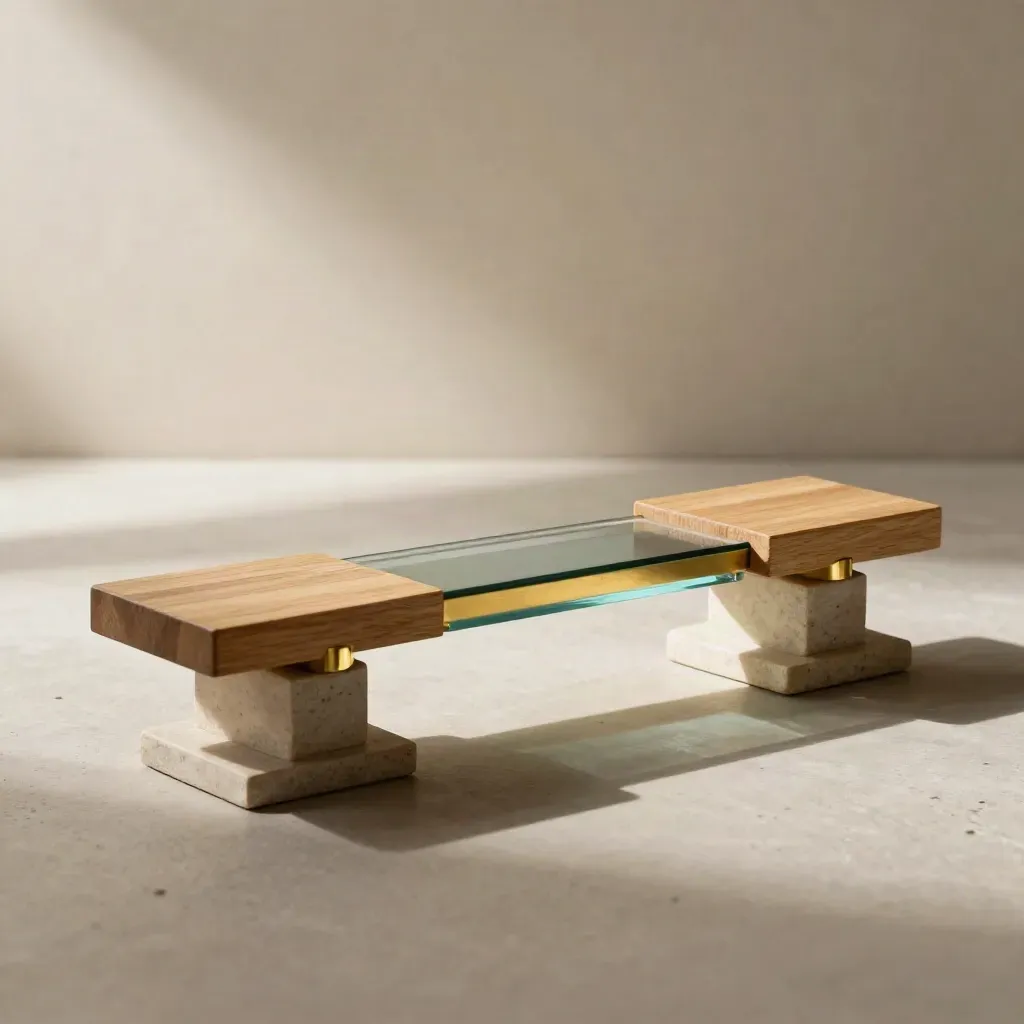 Maqueta de alianza en madera y latón, con vidrio central y luz dramática lateral.