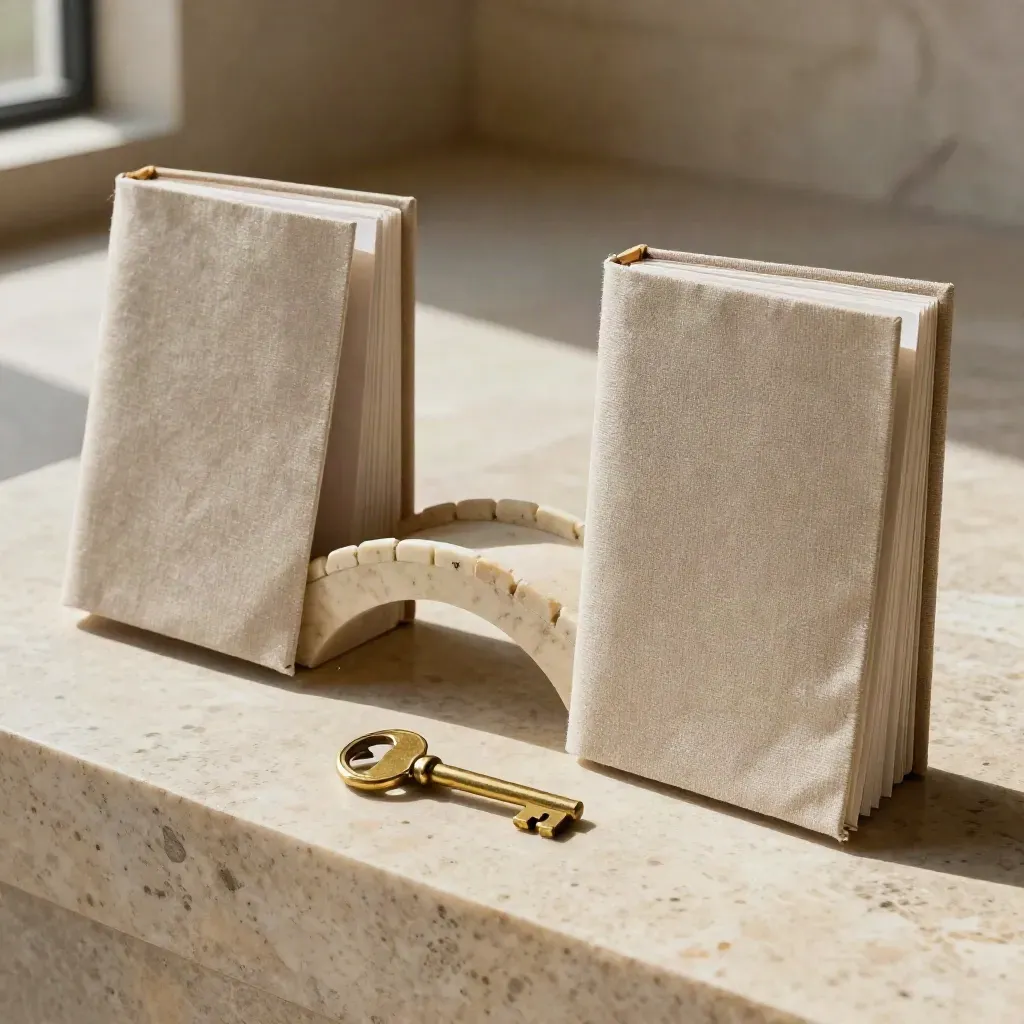 Dos carpetas de lino, una llave de latón y un puente de piedra clara, en equilibrio simbólico.