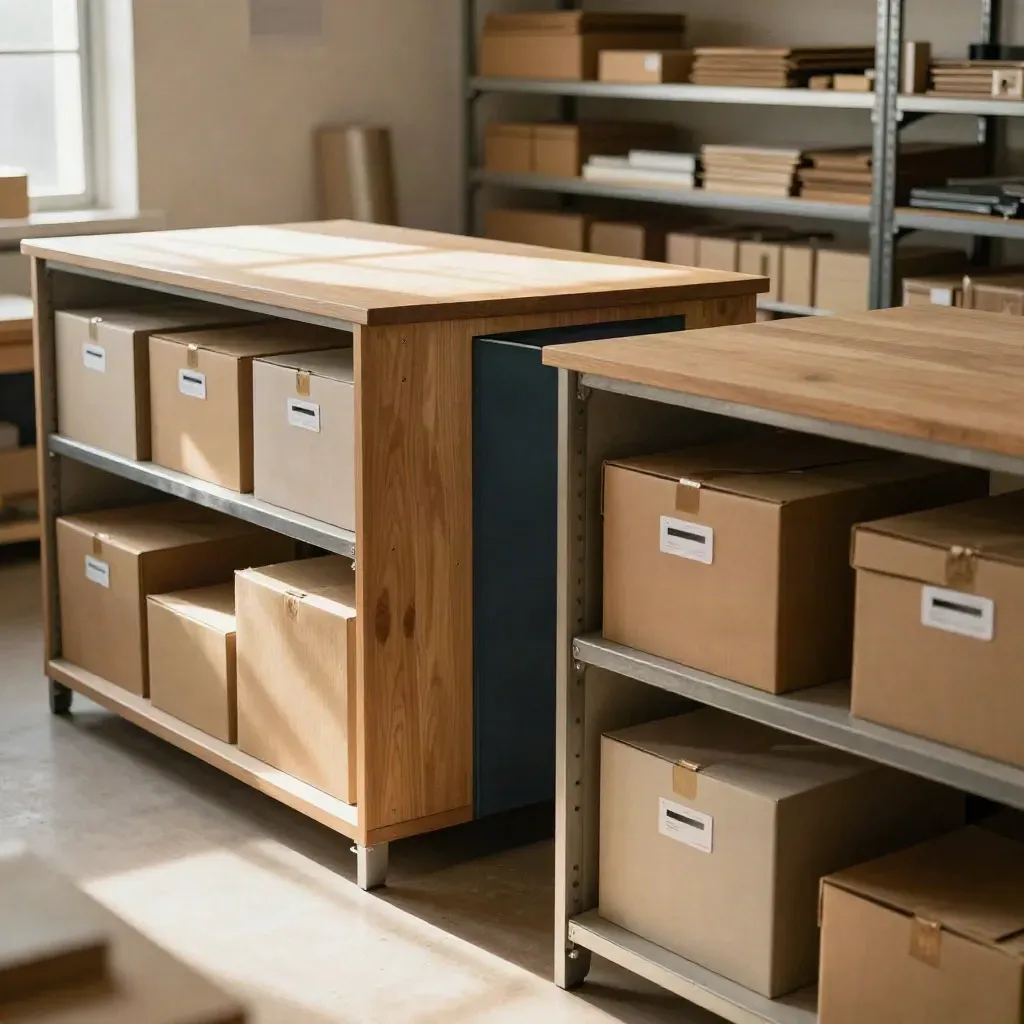 Dos módulos de almacenamiento unidos con cajas apiladas en un taller cálido y ordenado.