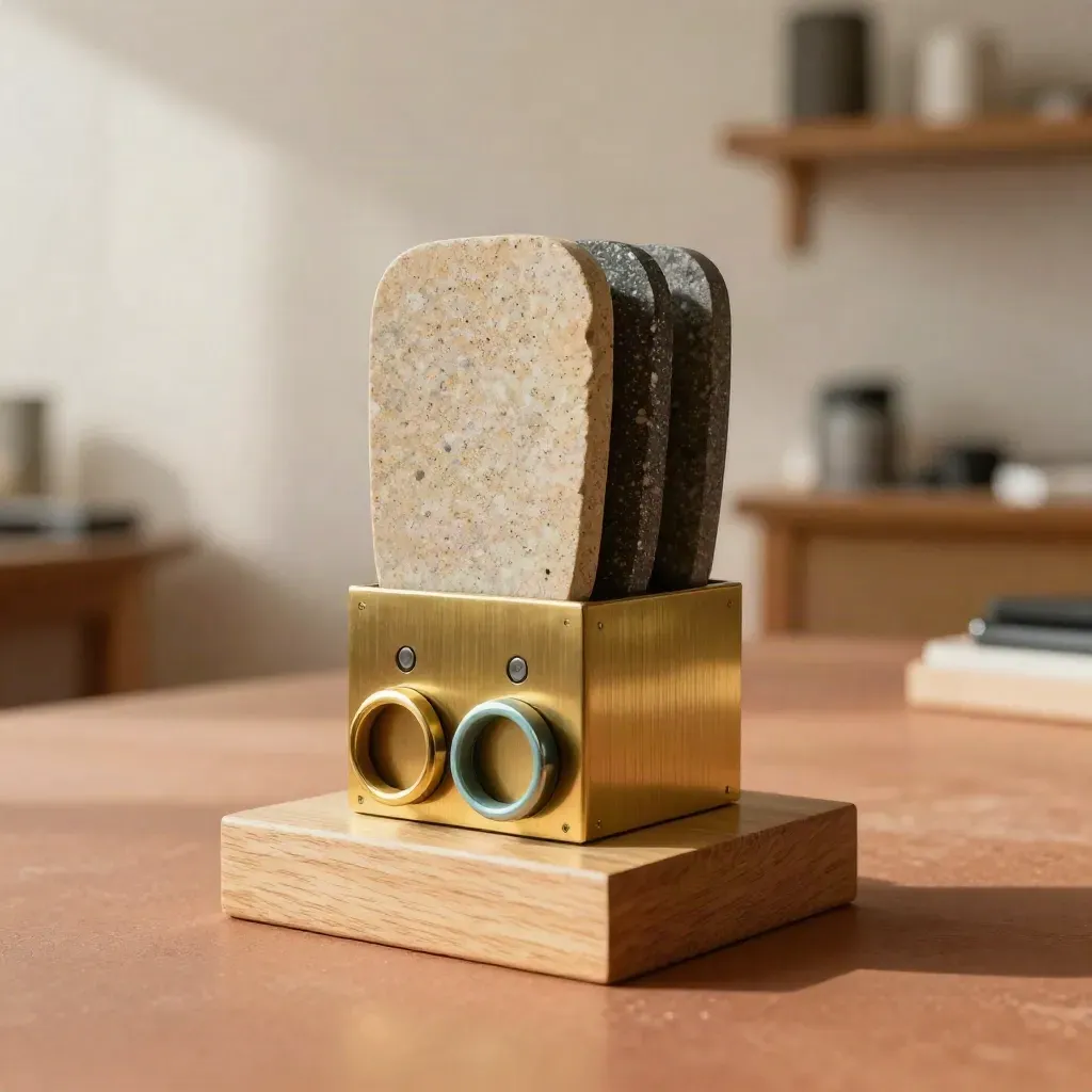 Fichas de piedra y anillos de control junto a un bloque de latón sobre madera clara.