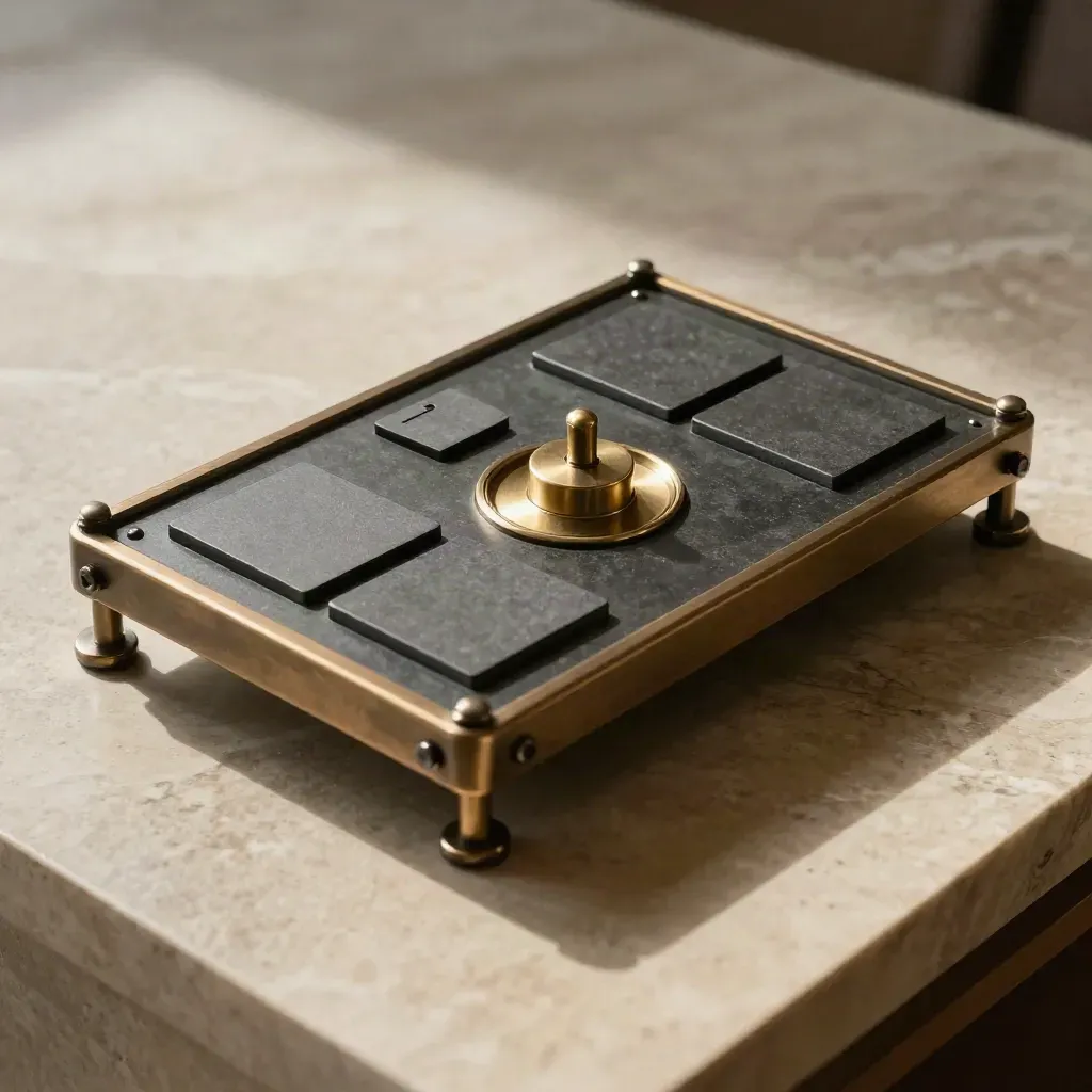 Tablero modular de gobernanza con fichas de piedra y núcleo de latón sobre piedra mate.