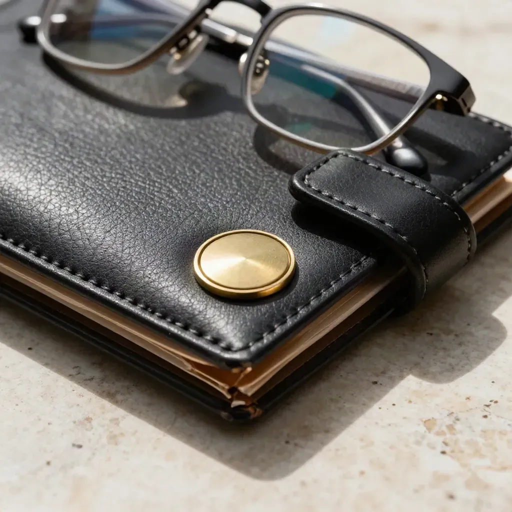 Carpeta de cuero, sello de latón, pluma metálica y gafas sobre travertino, luz dramática.