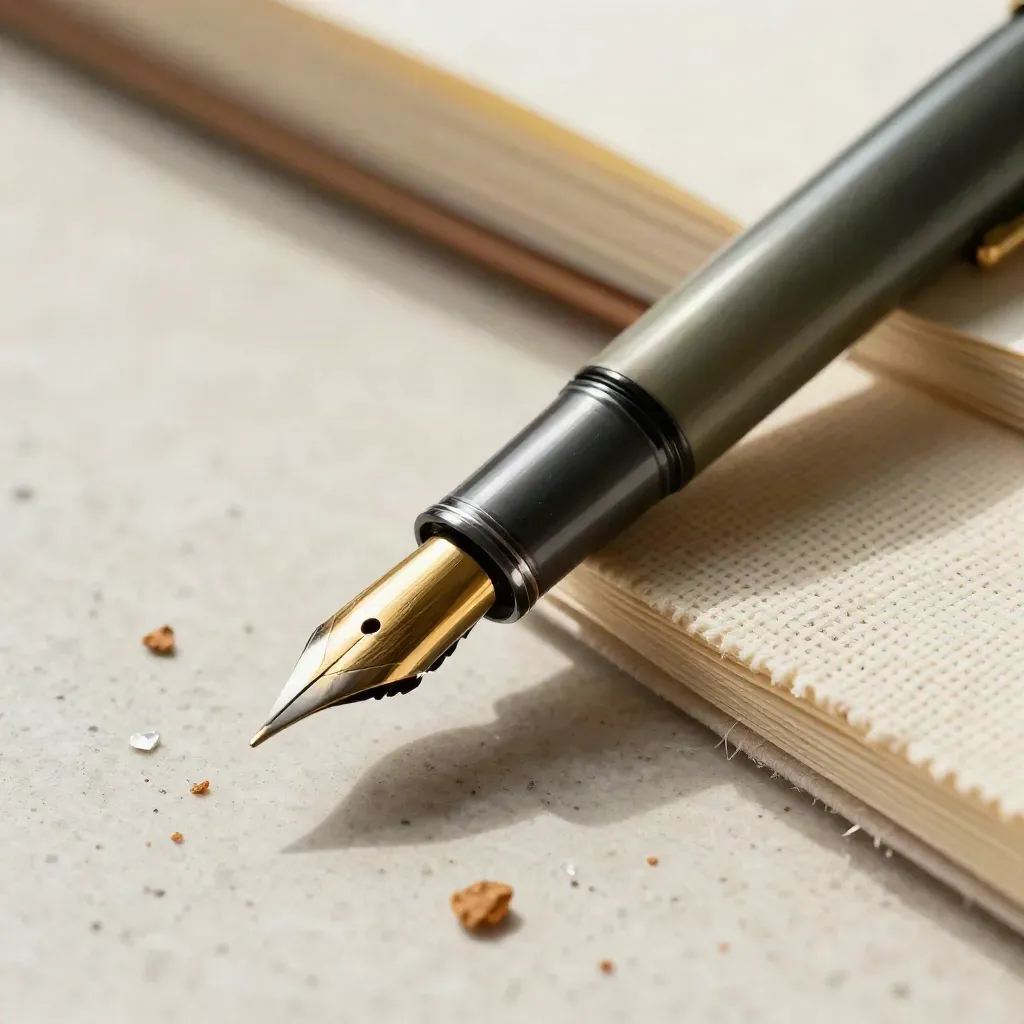 Pluma cerrada, pinza y carpeta de lino sobre travertino, con cera seca y luz dorada.