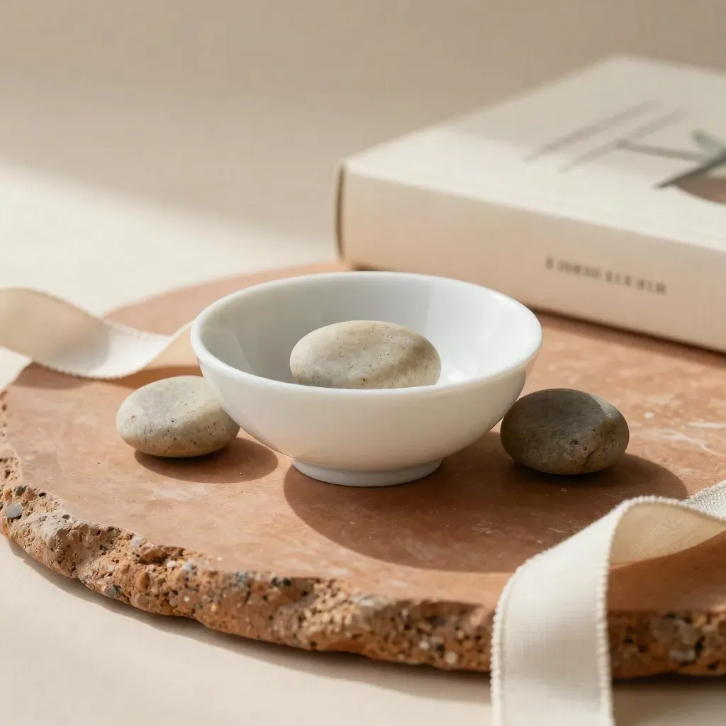 Cuenco de porcelana con tres piedras pulidas y cinta de lino sobre piedra terracota.