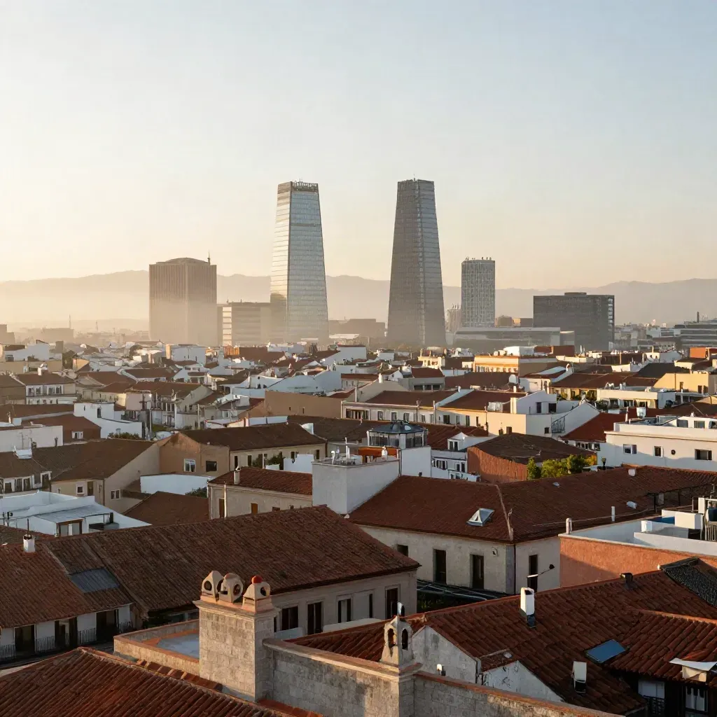Madrid al amanecer con las Cuatro Torres sobre tejados cálidos y bruma suave
