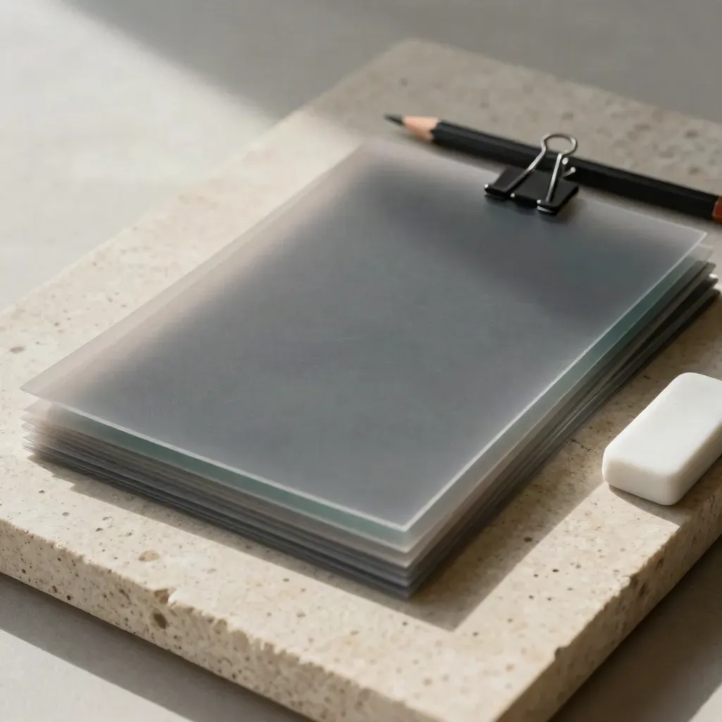 Capas de acetato, clips negros, lápiz y goma sobre piedra clara con luz suave.