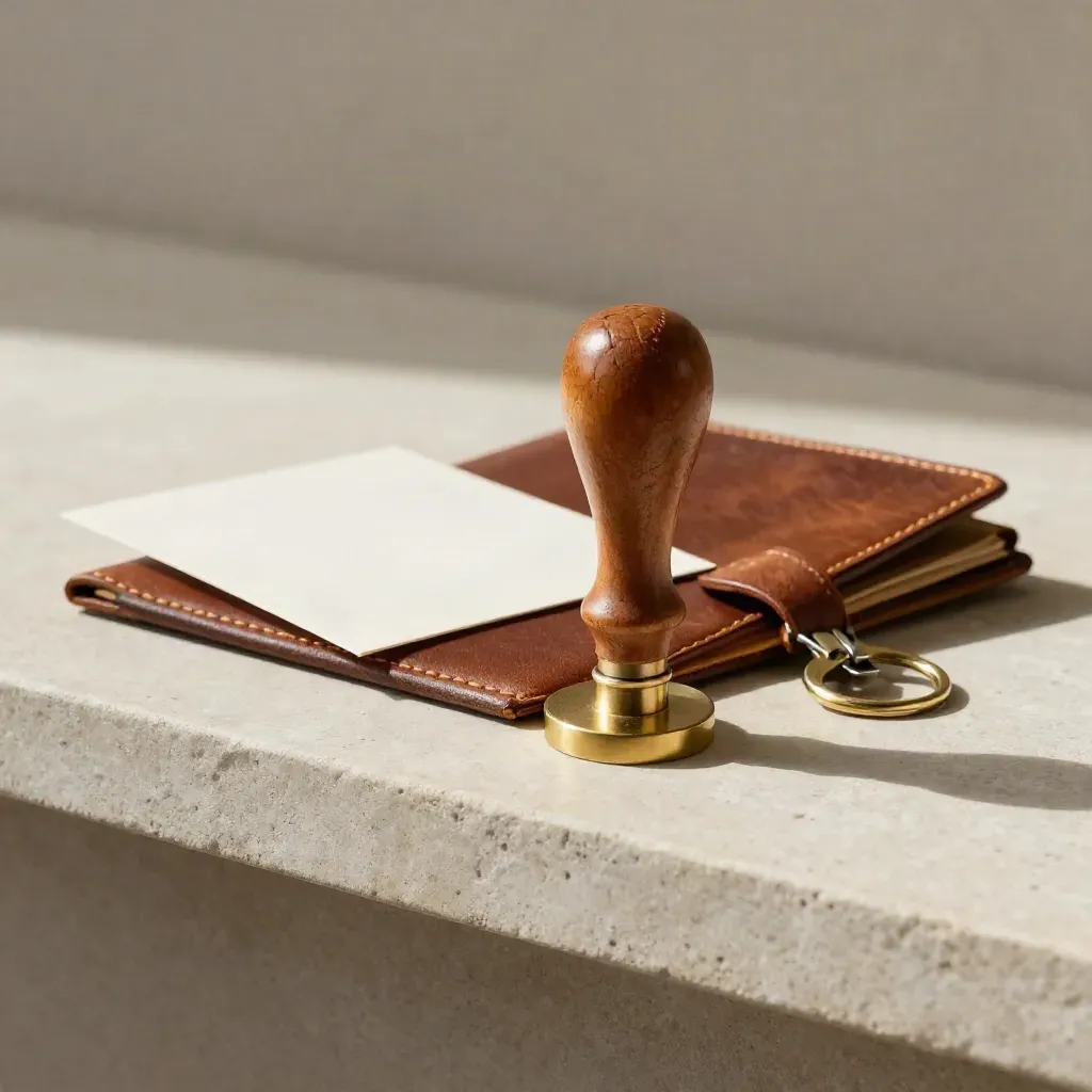 Sello de lacre, cartera de cuero cerrada, llavero de latón y tarjeta blanca sobre piedra.
