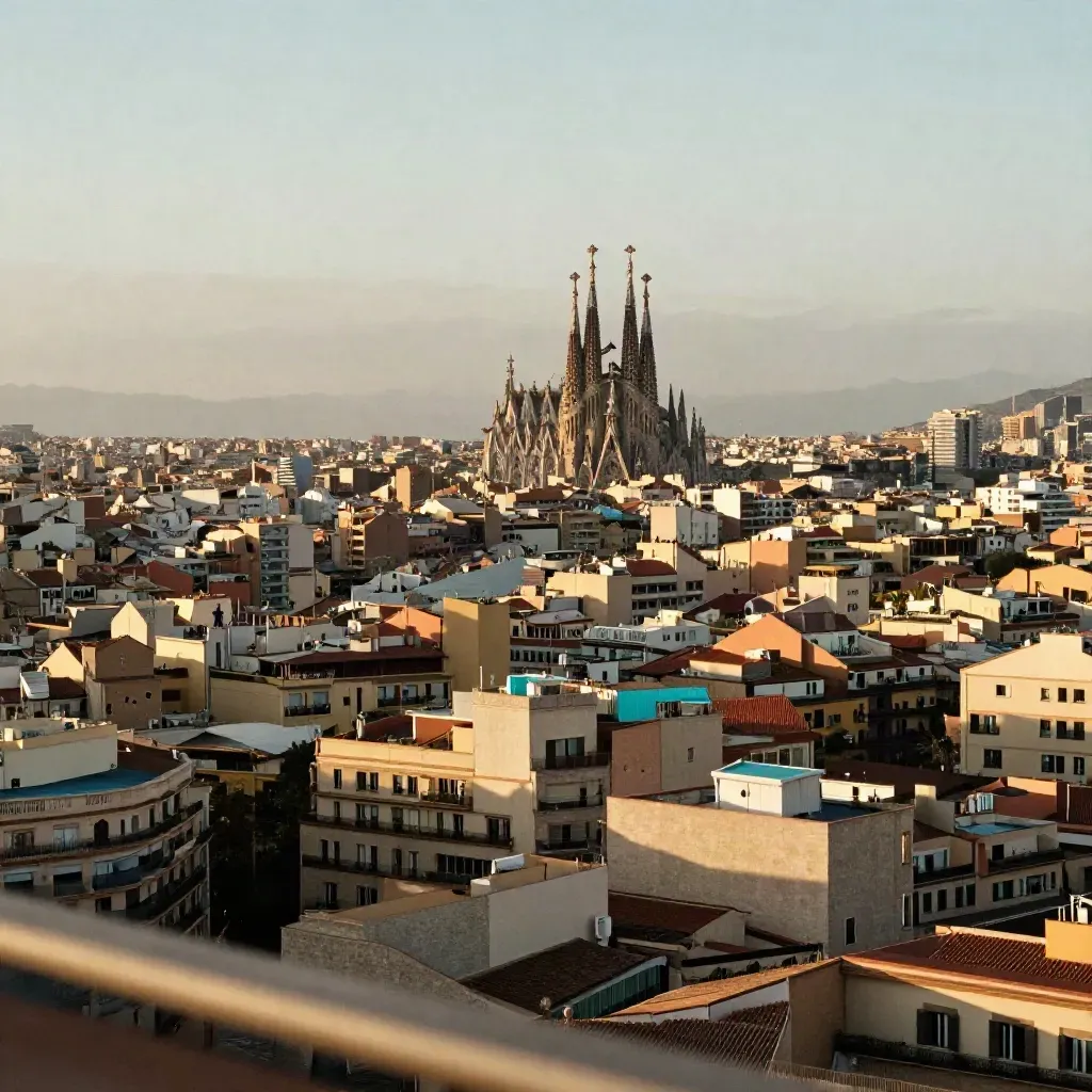 Vista aérea de Barcelona con la Sagrada Família y las manzanas del Eixample bajo luz suave