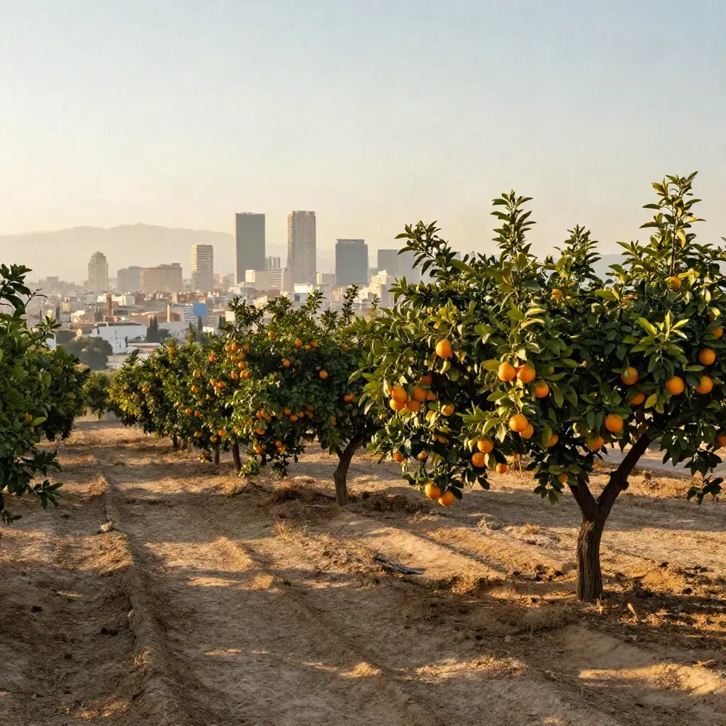 Huerta valenciana con naranjos y la ciudad al fondo bajo bruma y luz cálida.