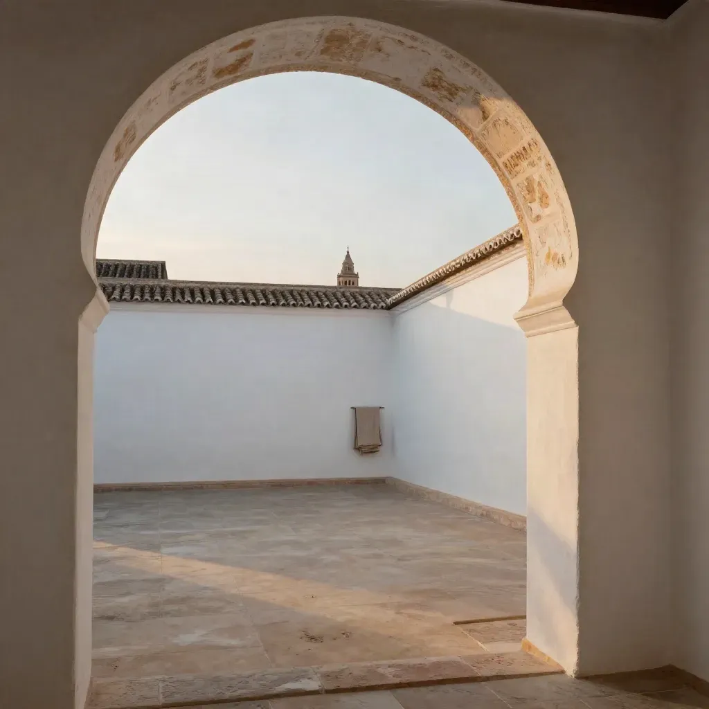 Patio andaluz blanco con sombra de arco y la Giralda al fondo al atardecer