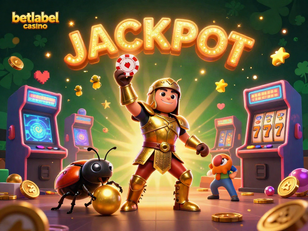 Win big at betlabel casino with a lively scene featuring a heroic beetle and jackpot celebrations.